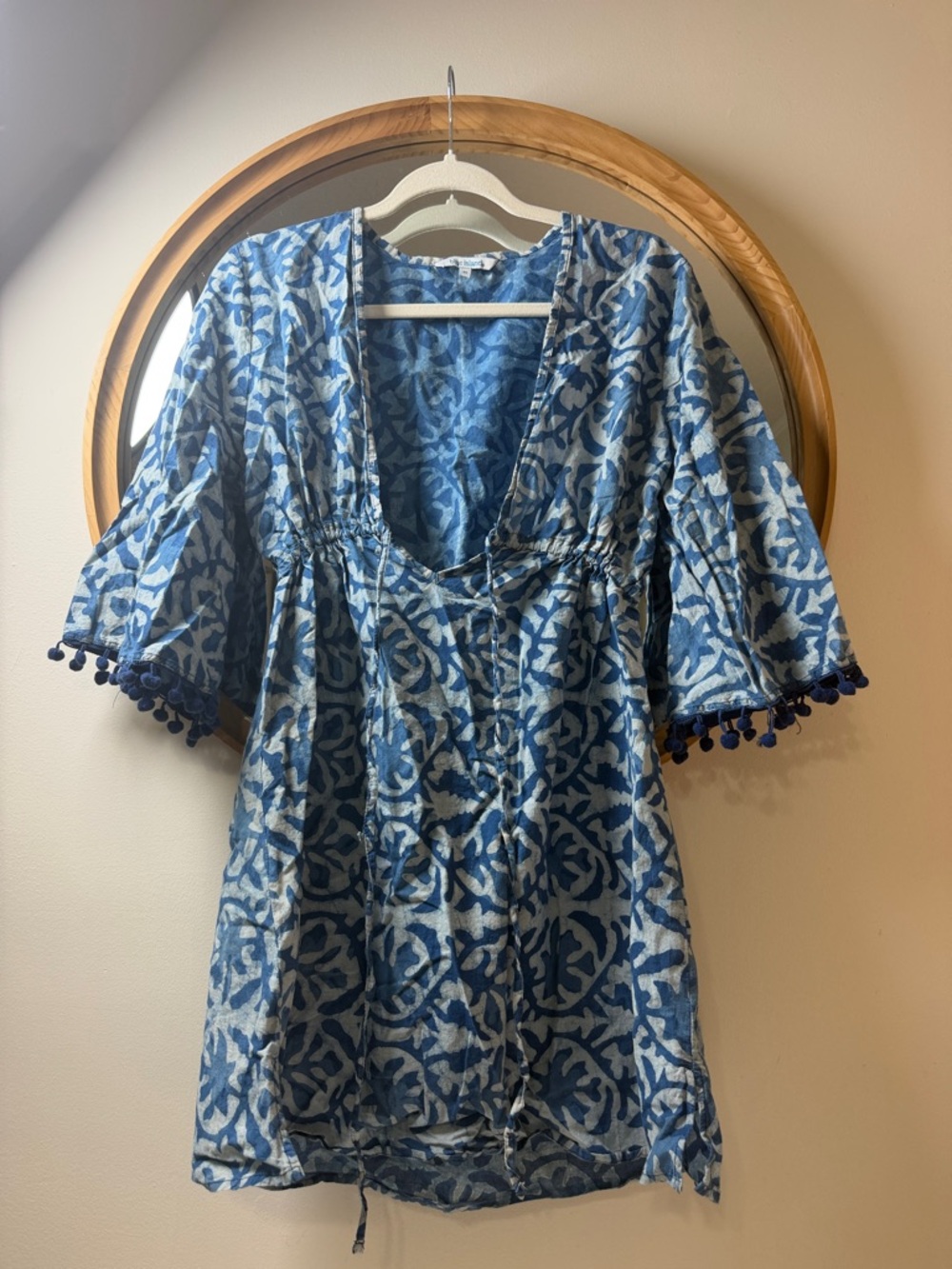 blue island Blue and White Printed Swim Coverup with Pom Trim